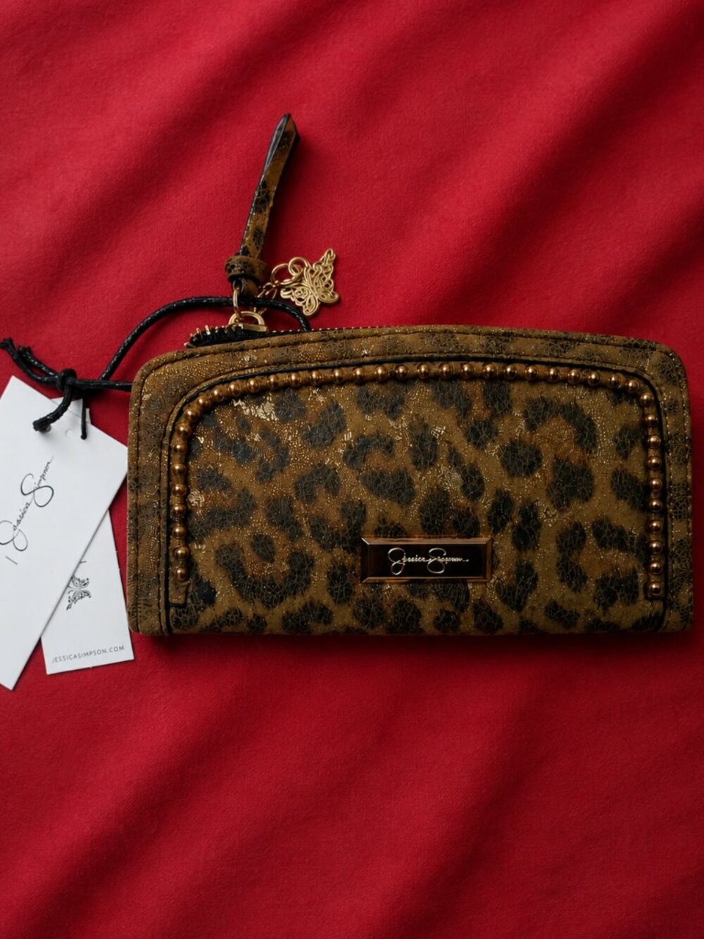 NWT Jessica Simpson Leopard Print Zip Around Wallet Wristlet Brown Gold Studded